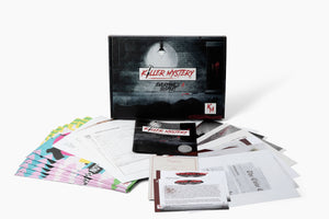 Pictured is a photo of the game box surrounded by the contents of the box, including scene envelopes, a physical clue, an instruction booklet , story and research cards and paper clues such as policer reports.